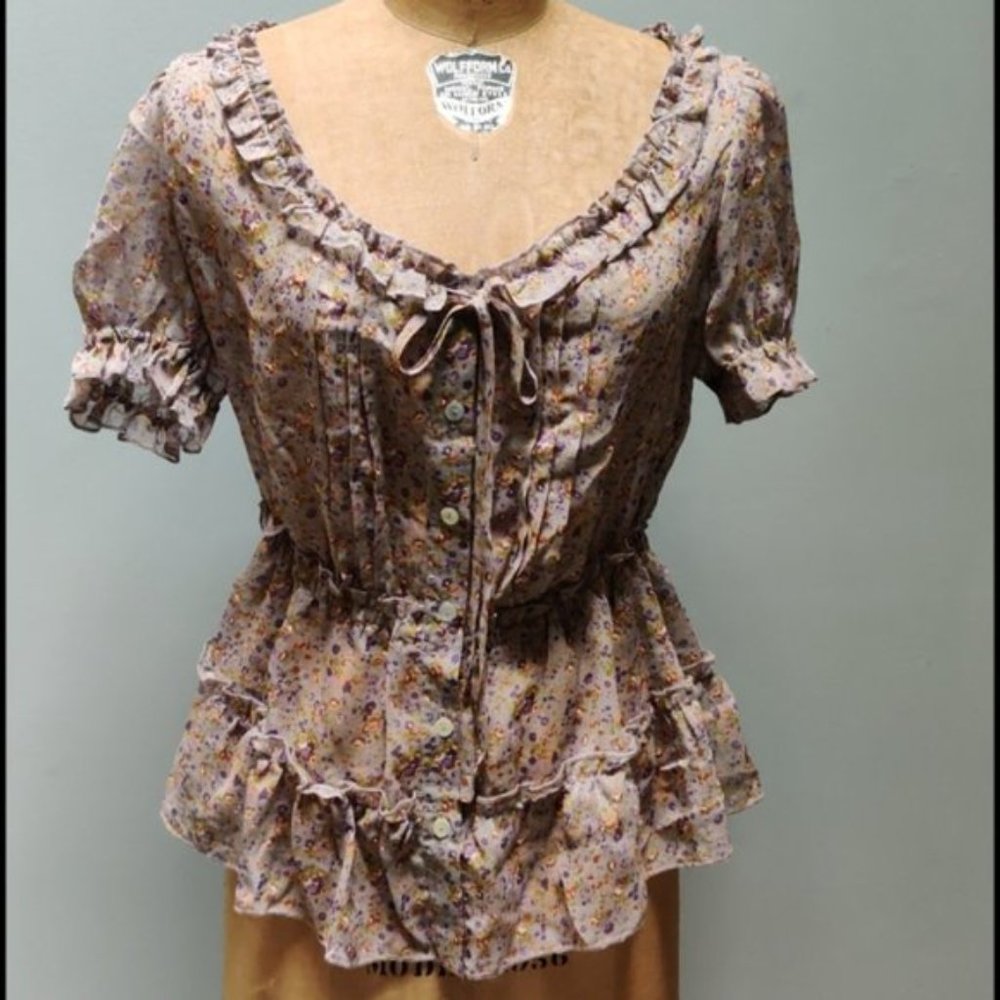 Women’s Sheer Lavender Gray Floral Top Ruffled Cottagecore Medium